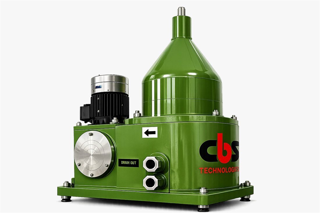CbS Technologies disc stack separator — green bowl housing with drive motor, drain-out connections and feed inlet.