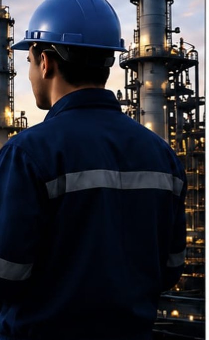 An MG Engineering site engineer in helmet and coveralls reviewing readings at a process plant.