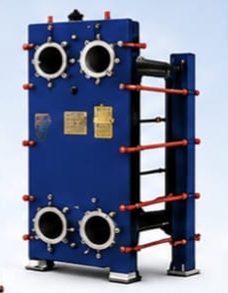 Gasketed plate heat exchanger on a carbon steel frame with tie bars and flanged port connections.