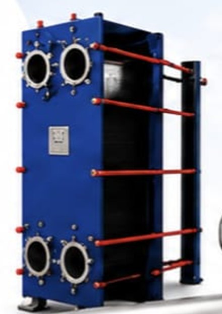 Gasketed plate heat exchanger unit showing the compressed plate pack between frame plates.