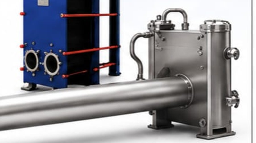 Stainless steel shell and tube heat exchanger with flanged connections and support feet.