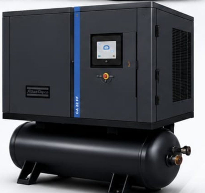 Atlas Copco tank-mounted rotary screw compressor with integrated controller and horizontal air receiver.