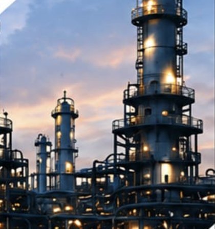Process plant at dusk — distillation columns and pipework lit against the sky.