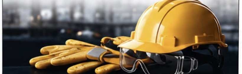 Hard hat, safety glasses and work gloves laid out on site.